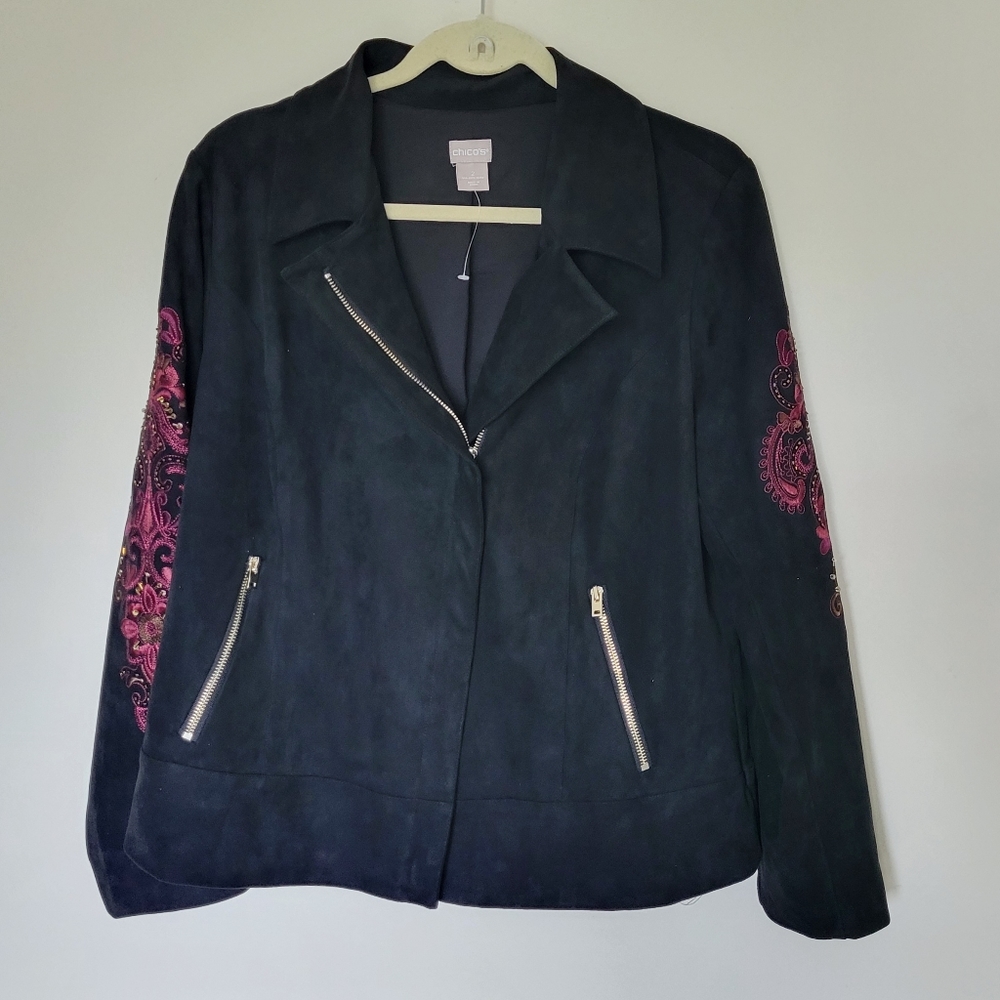 Chicos Sueded Embroidered-Sleeve Moto Jacket - Picture 8 of 11